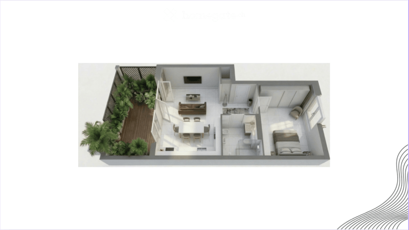 Floor plan with living room, dining area, kitchen, bedroom, and bathroom.