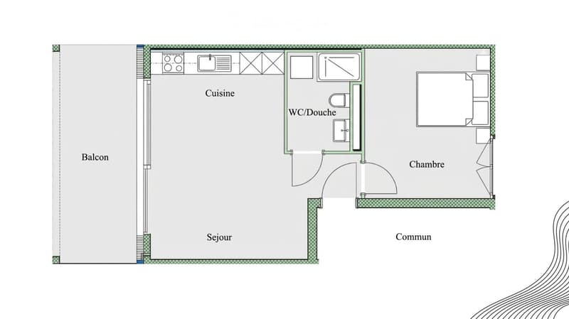 Floor plan includes a living room, kitchen, bathroom, bedroom, and balcony.