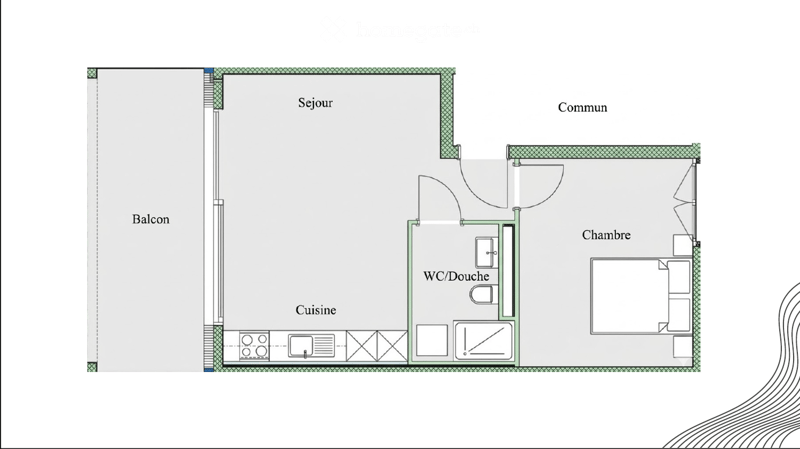 Living room, kitchen, bathroom, bedroom, balcony