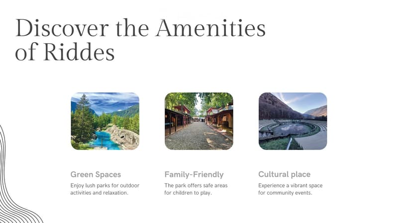 Three images showcasing different aspects of the amenities of Rides, including green spaces, family-friendly areas, and cultural places.