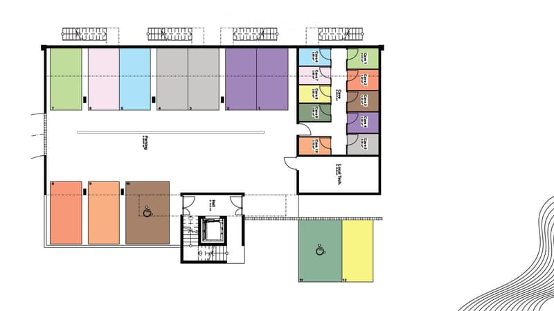 Floor plan with multiple rooms, including a local tech room, parking, and accessible rooms.
