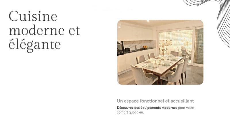 Modern kitchen with a dining area, white cabinets, marble countertops, and a dining table set for six.