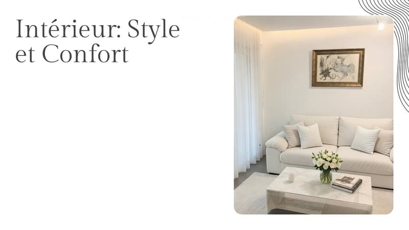Modern living room with white couch, coffee table, and white rug. Vase with flowers on the table, books, and pillows on the couch. Picture frame on the wall.