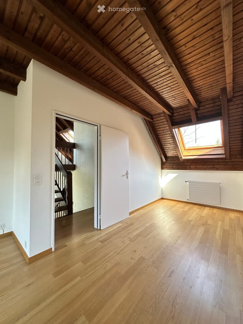 empty room, wooden floor, white walls, wooden ceiling, window, door, staircase