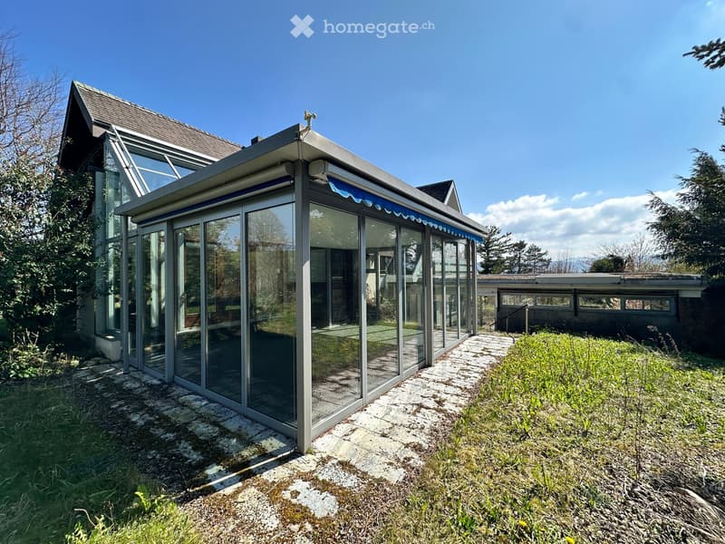 modern house with glass walls, glass roof, terrace, surrounded by grass and trees