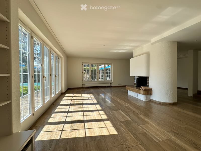 large room, wooden floor, fireplace, large windows, sliding doors