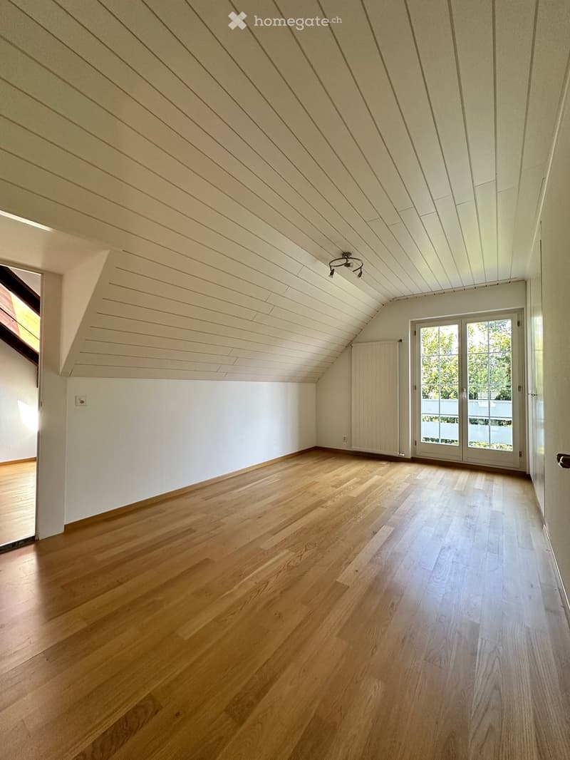 empty room, wooden floor, white walls, ceiling with wooden panels, glass doors, skylight