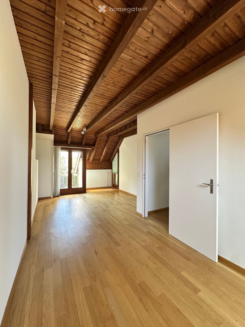 empty room, wooden floor, wooden ceiling, white walls, glass door, balcony