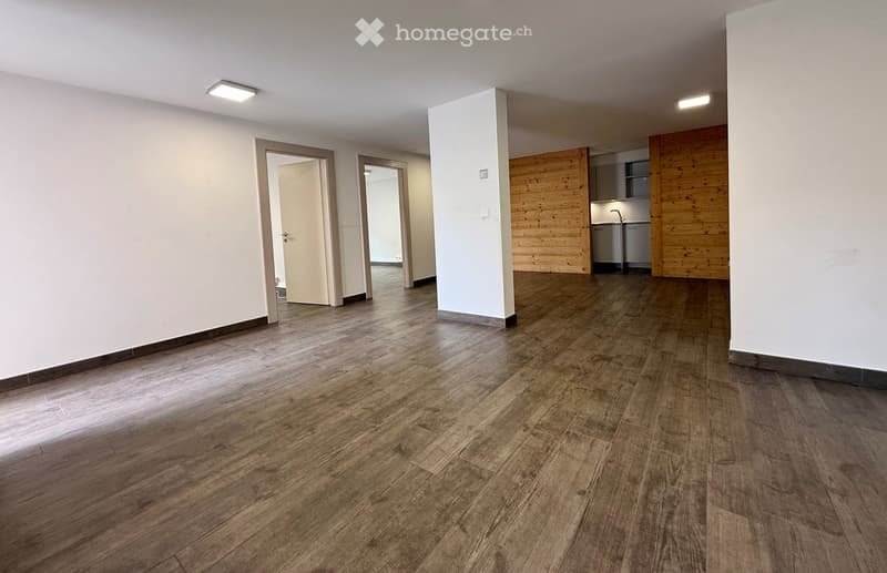 Empty room with wooden floors, white walls, and wooden doors. There are two doors on the left side, and a kitchen area on the right side with wooden walls and a sink.