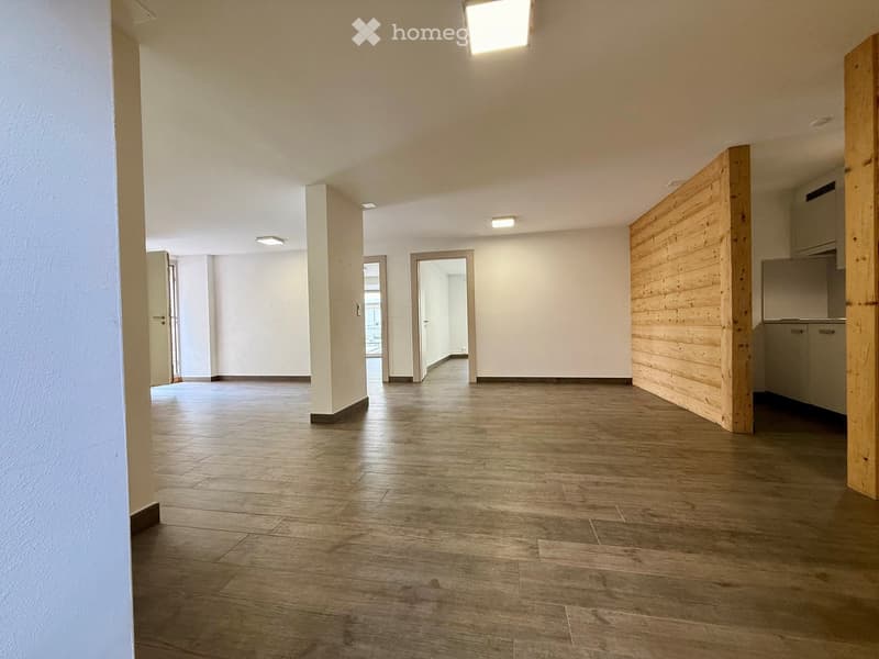 Empty room with wooden floor, white walls, and ceiling lights