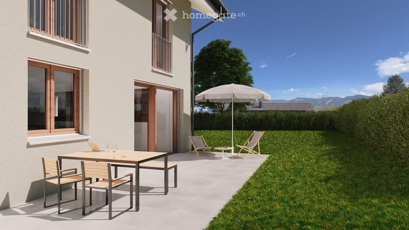 patio with table, chairs, and umbrella, wooden deck, large windows, green lawn, hedges