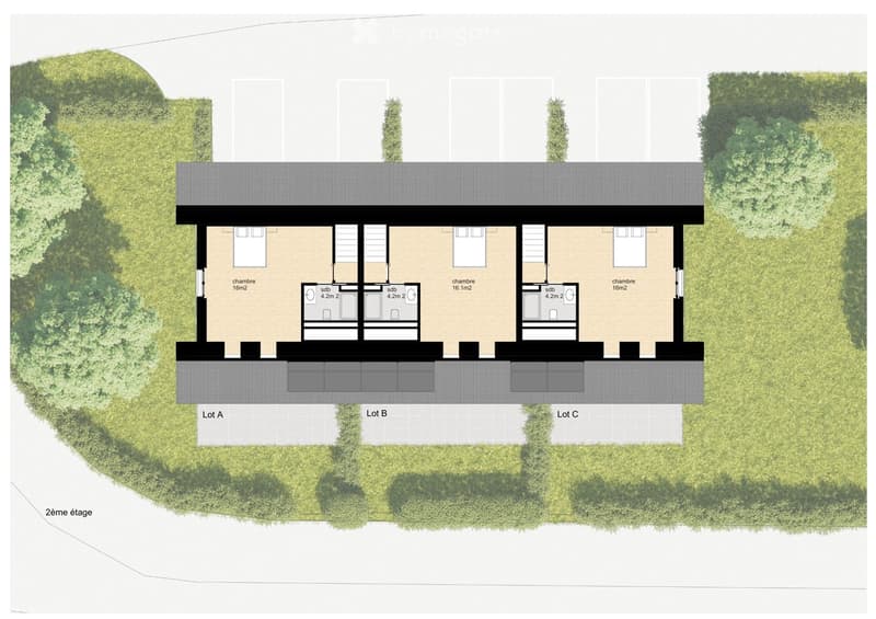 3 units, each with a bedroom, a living room with dining area, and a bathroom
