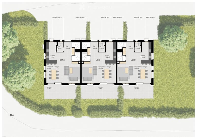 3 lots each with a ground floor, terrace, dining area, living room, kitchen, 2 bedrooms, 2 bathrooms, balcony