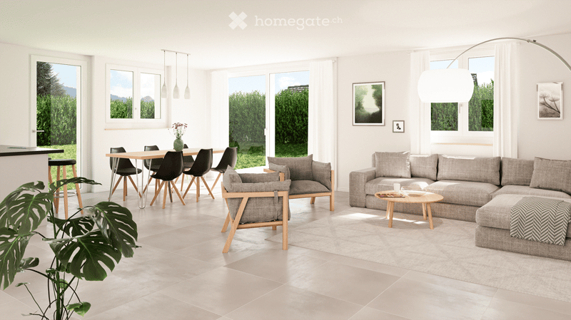 modern style living room, dining table, gray sofa, coffee table, large windows