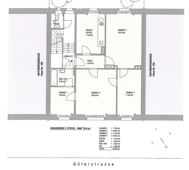 Floor plan of a 2-story house with 3 bedrooms, kitchen, bathroom, office, and WC