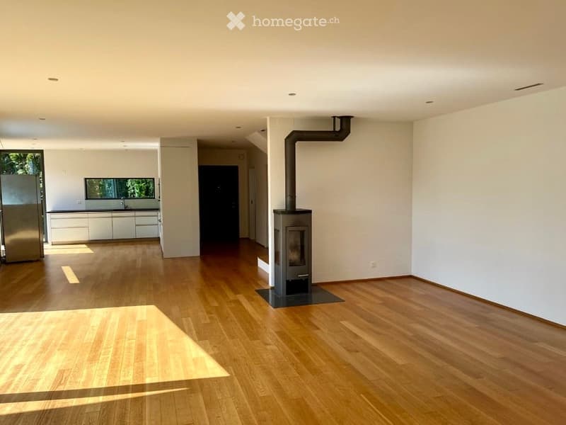 wooden floor, fireplace, white walls, kitchen area, stainless steel refrigerator