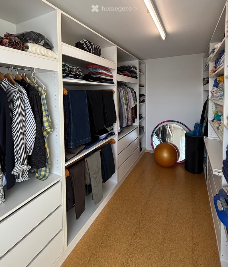 walk-in closet with multiple shelves, drawers, hanging clothes, and a mirrored wall