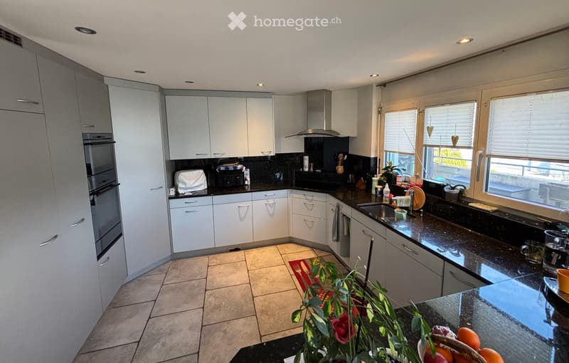 modern kitchen, white cabinetry, black granite countertops, integrated appliances, window with blinds, tiled floor, plants, red rose, fruit bowl, kitchen sink with faucet, overhead lighting