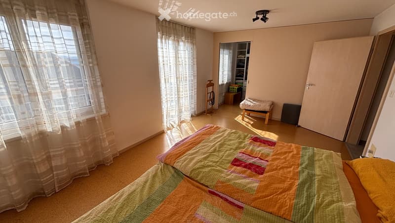 2 beds, white curtains, wardrobe, stool, shelves, closet