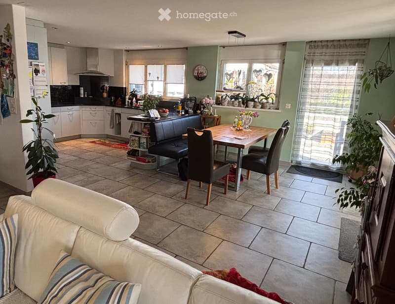 dining room with wooden table, kitchen, couch with pillows, potted plants