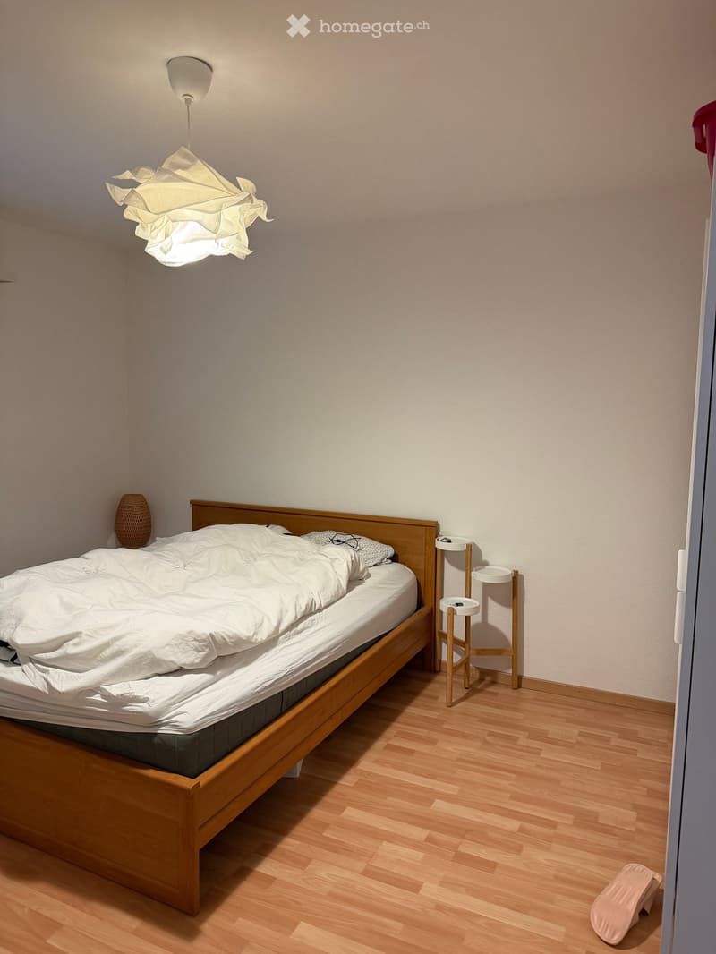 Bedroom with wooden bed, white bedding, nightstand with shelves, lamp, and a vase on the wall
