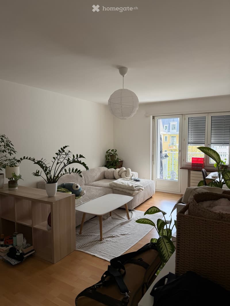 living room with couch, coffee table, rug, plants, wooden floor, balcony, window