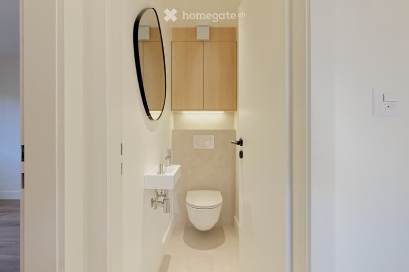 small bathroom with toilet, sink, mirror, wooden cabinets, white walls, wooden floor
