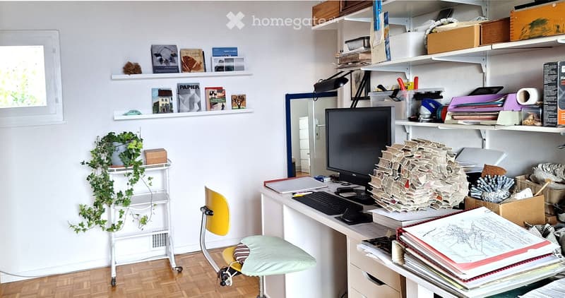Desk with computer, chair, shelves with books, mirror, plant, drawers, boxes, papers