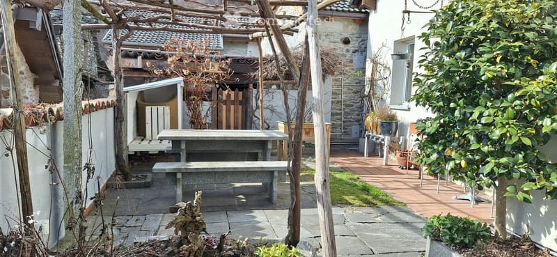 Outdoor seating area with a table and benches, surrounded by plants and trees, brick floor, wooden pergola, wooden door, and a white wall.