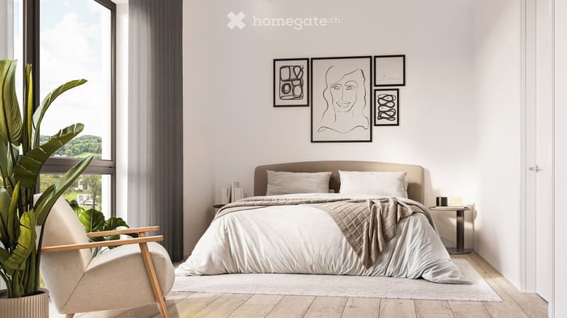 Minimalist bedroom with large window, wooden flooring, bed with cream bedding and beige pillows, bedside tables, armchair, and artwork on the wall