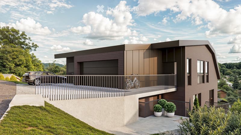 Modern 2 story house, brown exterior, metal railings, garage with 1 parking place, 1 balcony