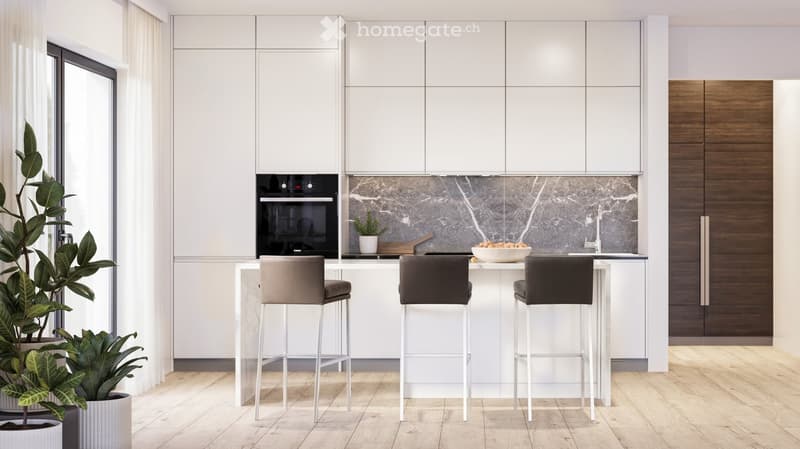 Open kitchen with white cabinets, wooden floor, black oven, and granite countertops. Includes two bar stools, a bowl of snacks, and potted plants.