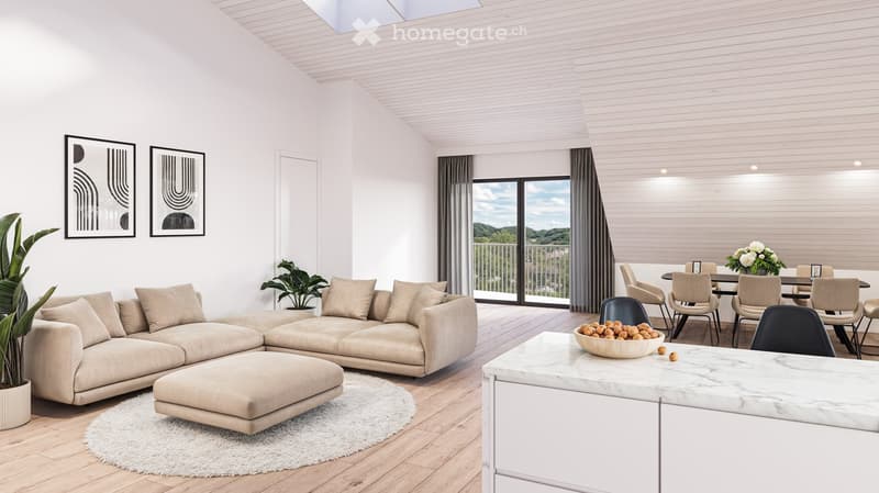Open living and dining area with balcony, large windows, large sofa, round carpet, marble countertop, plants