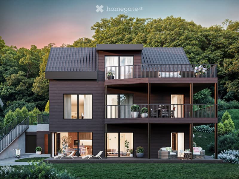 Modern wooden house with 3 floors, each floor has a balcony, stairs in front leading to the lower floor, and a scooter parked on the driveway.
