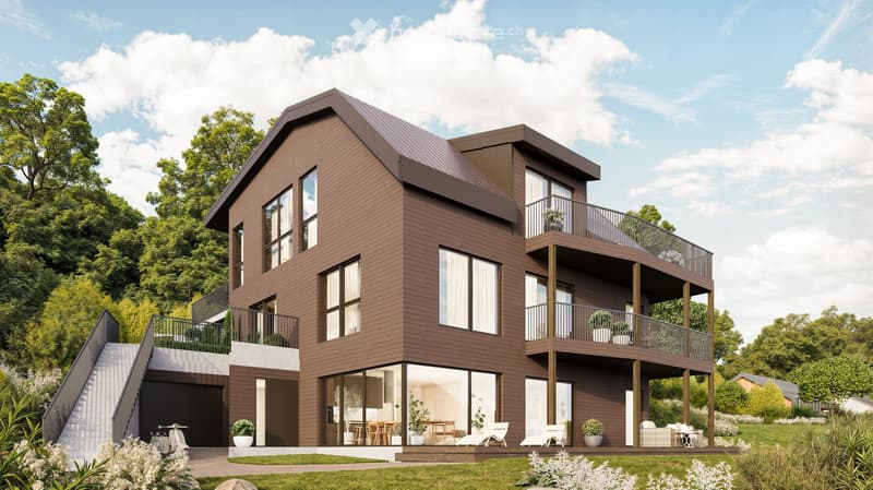 2 story house, brown walls, brown shingles, multiple windows, multiple balconies, lawn