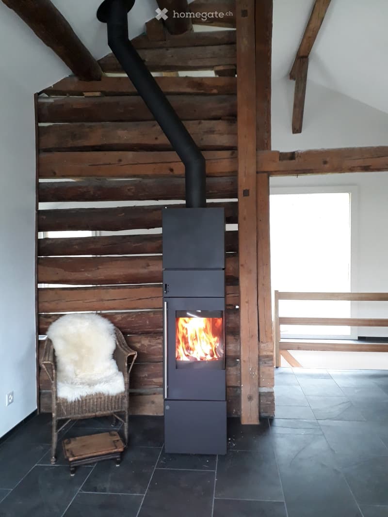 wooden wall, fireplace, chair with fur, black tiled floor