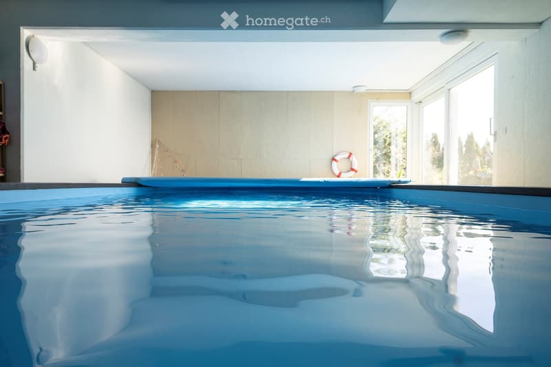 An empty swimming pool with a lifebuoy on the side