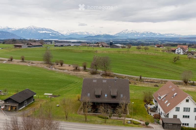 House with brown roof, surrounded by green fields, mountains in the background