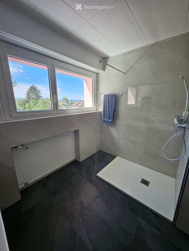 modern shower, blue towel, glass window, shiny tiles, natural light