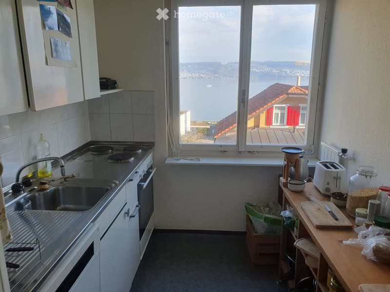 Stainless steel kitchen with a sink, gas stove, oven, and refrigerator. There is a window with a view of the sea.
