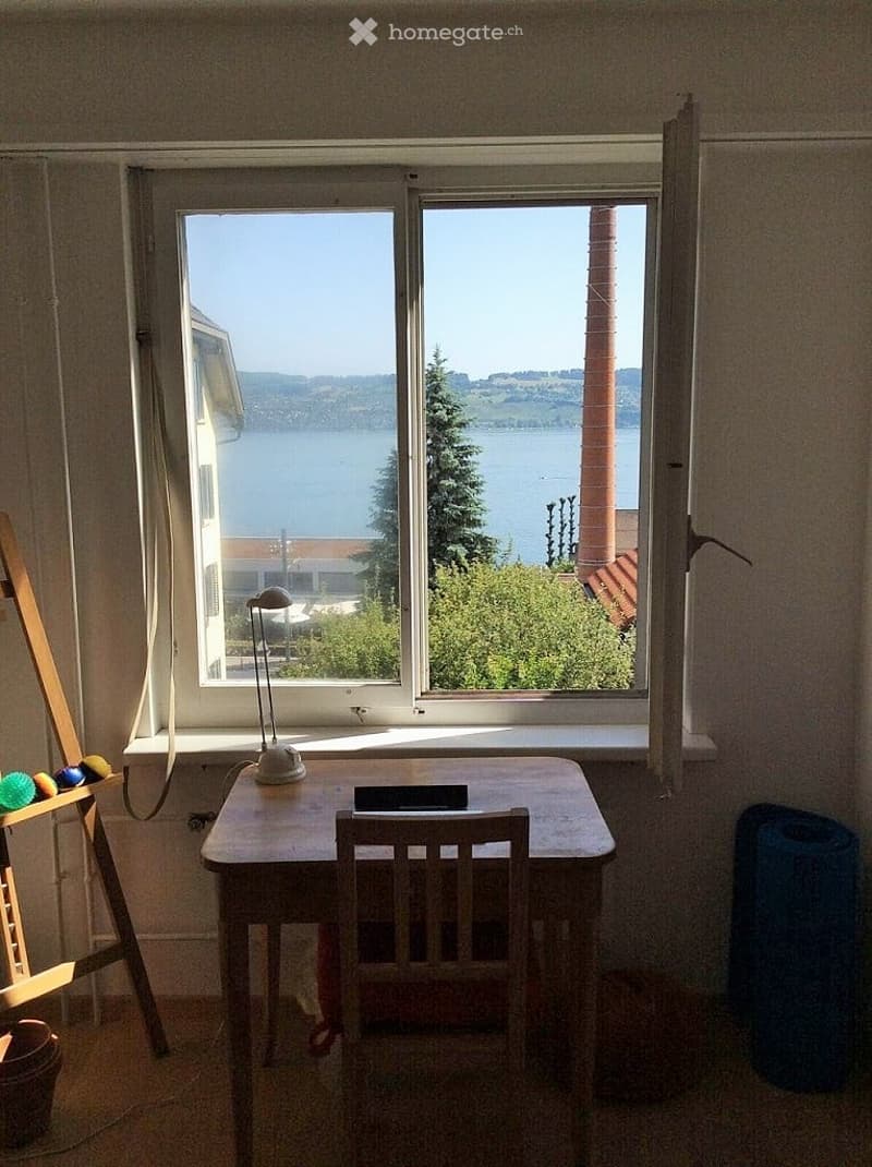 table, chair, lamp, view of the lake through the window
