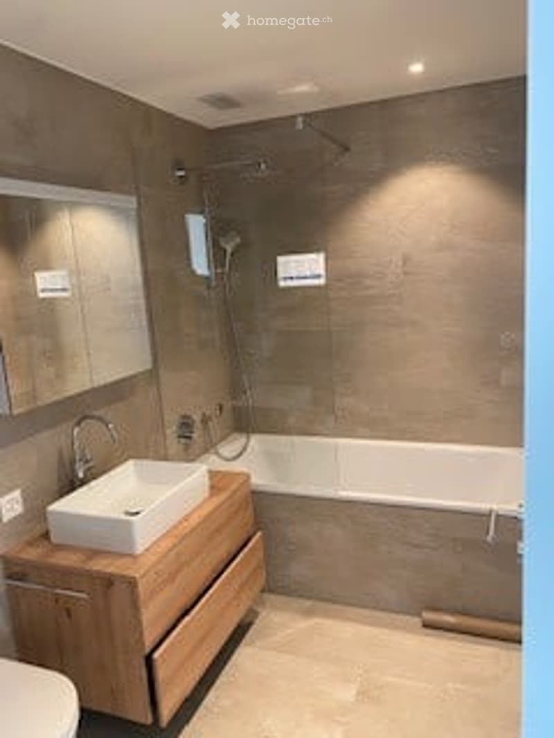 modern bathroom with bathtub, sink, mirror, wooden cabinet, toilet