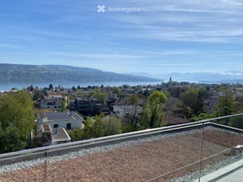 View from the terrace of a house with a lake and mountains in the background