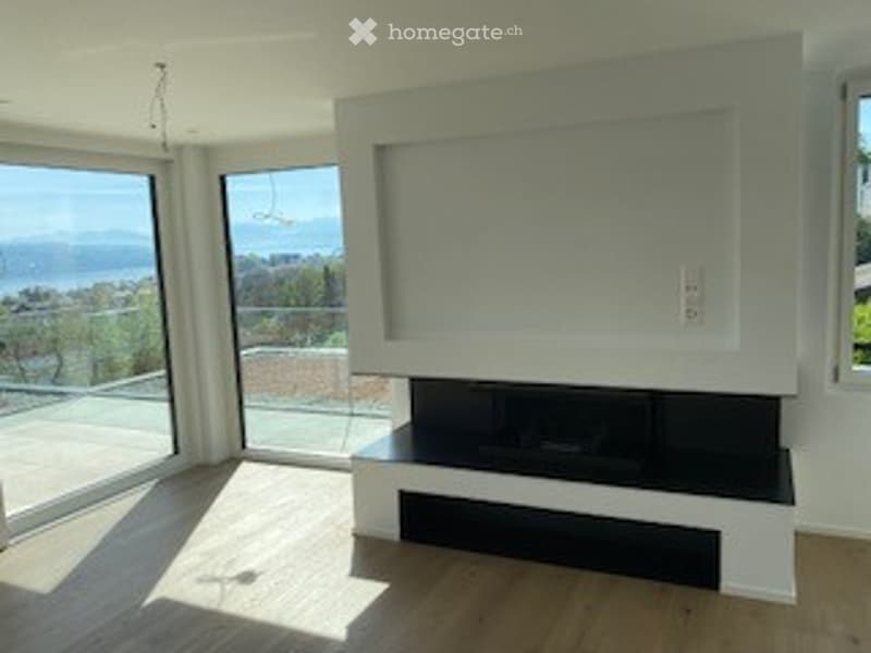 modern living room, fireplace, large windows, balcony, wooden floor