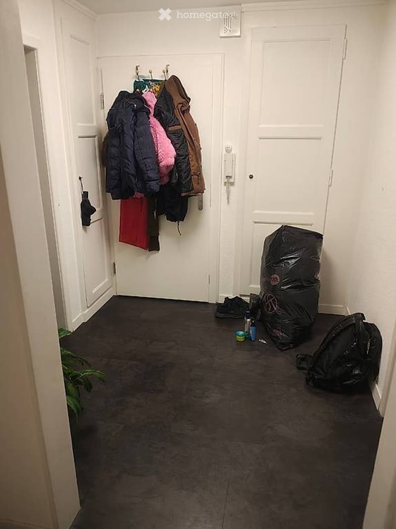 A small room with white walls, black floor, two white doors, a plant, and a rack with several jackets hanging on it. There are also some bags and other items on the floor.
