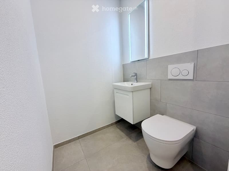 Modern bathroom with a white toilet, sink, and mirror, featuring sleek grey tiles and a built-in cabinet.