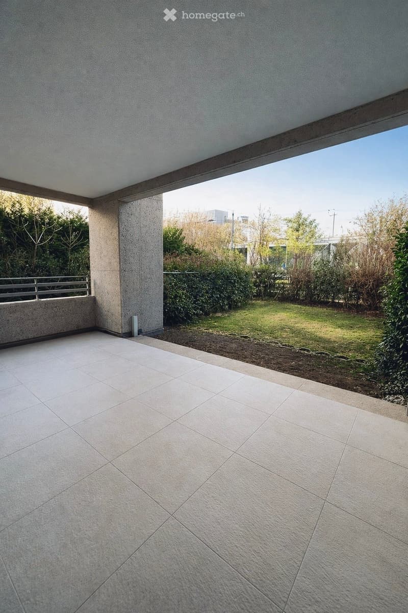 tiled floor, balcony, metal railing, garden, plants, grass