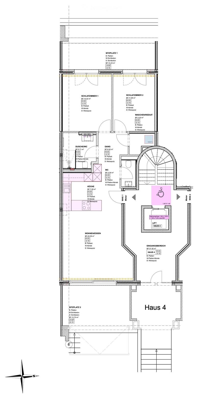 Floor plan of Haus 4 showing layout with living/dining area, two bedrooms, kitchen, bathrooms, entrance area, and elevator.