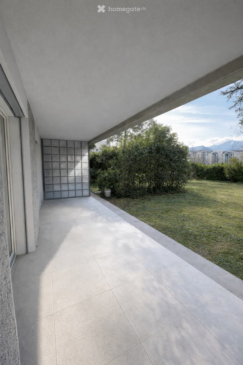 tiled floor, large windows, balcony, garden view