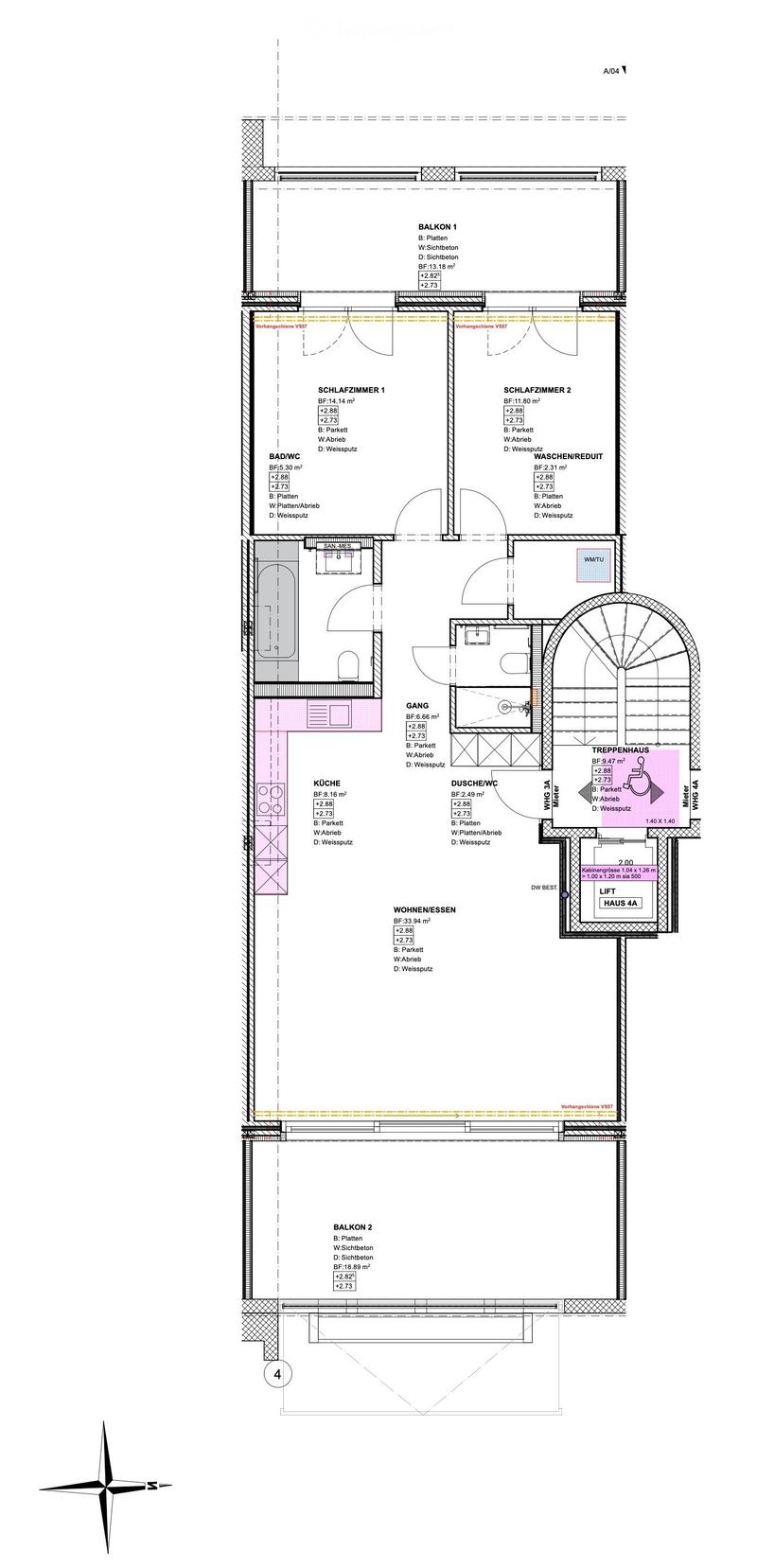 Floor plan showing a multi-room layout including a kitchen, living/dining area, two bedrooms, bathrooms, and two balconies.